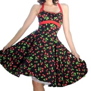 Cherry Print Black Halter Dress #1281